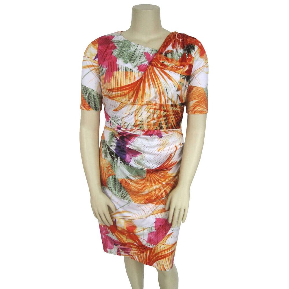 R&K Originals May Dress Sz 16 New $69 Tropical Knit Pull-On Sheath Orange Pink